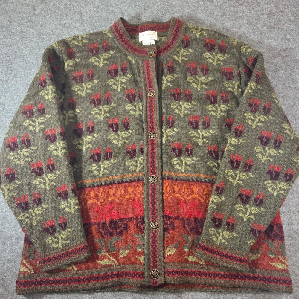 Vintage Cherry Lewis Wool Cardigan L Made England Floral Cottagecore Sweater
